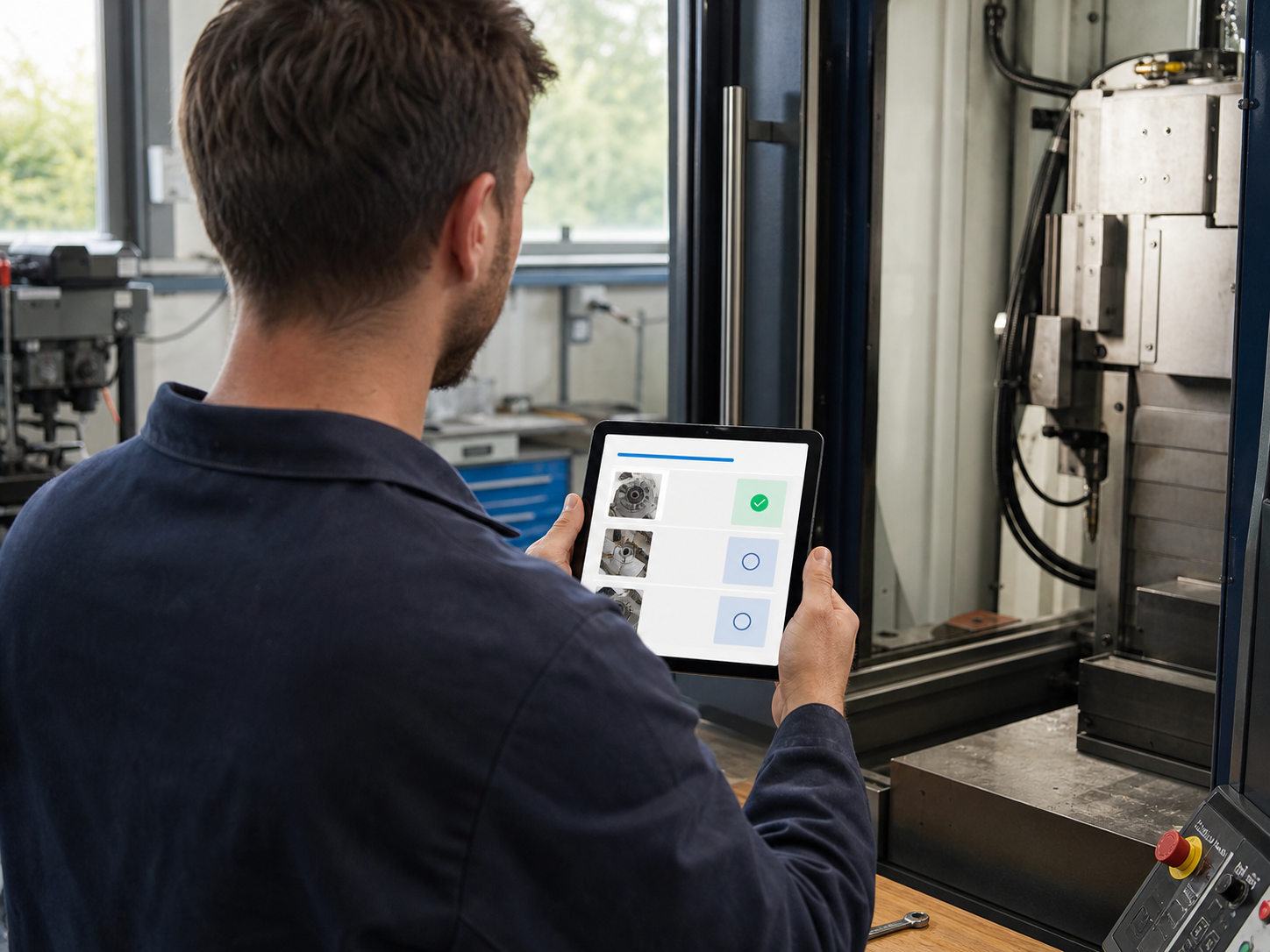 Servicetechniker dokumentiert eine Wartungsaufgabe mit einer Tablet-App
